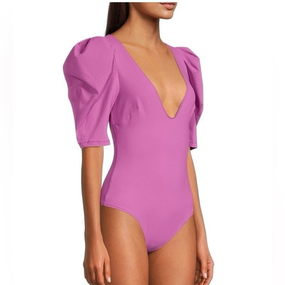 Free People Knit Deep V-Neck Short Ruched Puffed Sleeve Bodysuit Small - Picture 6 of 11